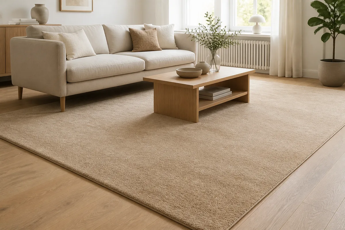 Varm beige matta under soffa och soffbord, tonad mot ett ljust ekgolv