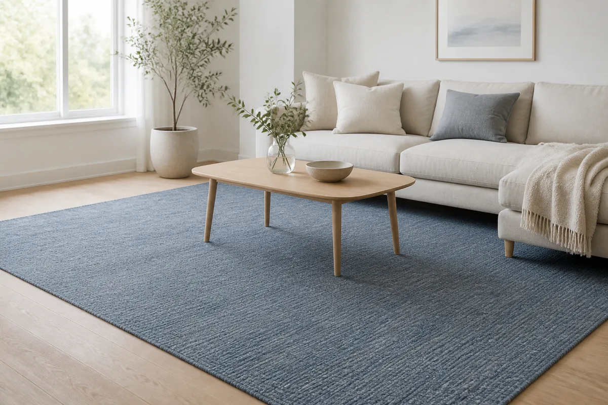 Dov denimblå matta under soffa och soffbord mot ljust ekgolv