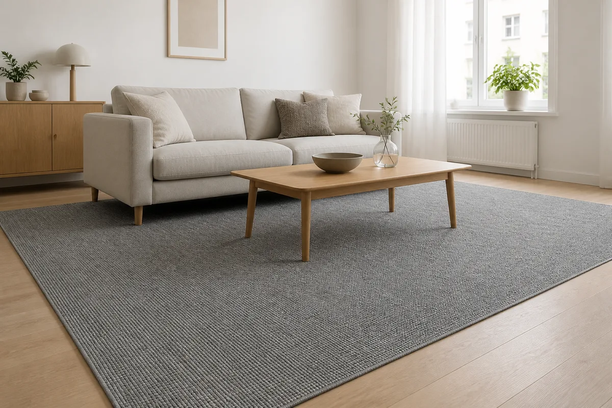 Mellangrå flatvävd matta under soffa och soffbord i ett ljust vardagsrum med ekgolv