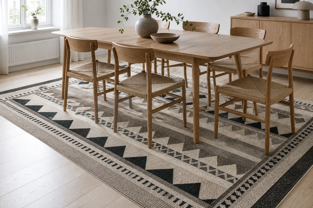 Mönstrad matta med geometriskt skandinaviskt mönster under matbord och stolar