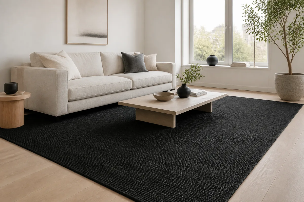 Matt svart flatvävd matta under soffa mot ljust ekgolv, med tydlig kontrast