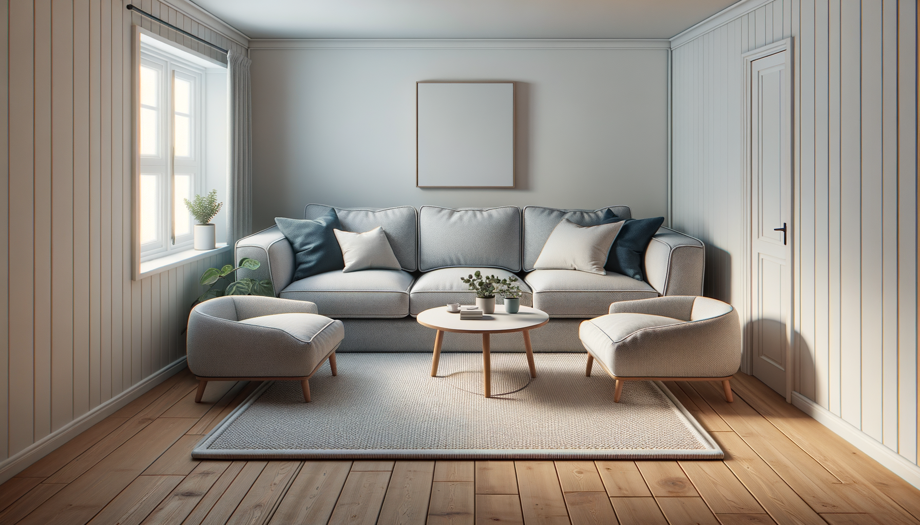 Mattplacering i litet vardagsrum – framben-tekniken med soffa och fåtölj på 170x240 matta