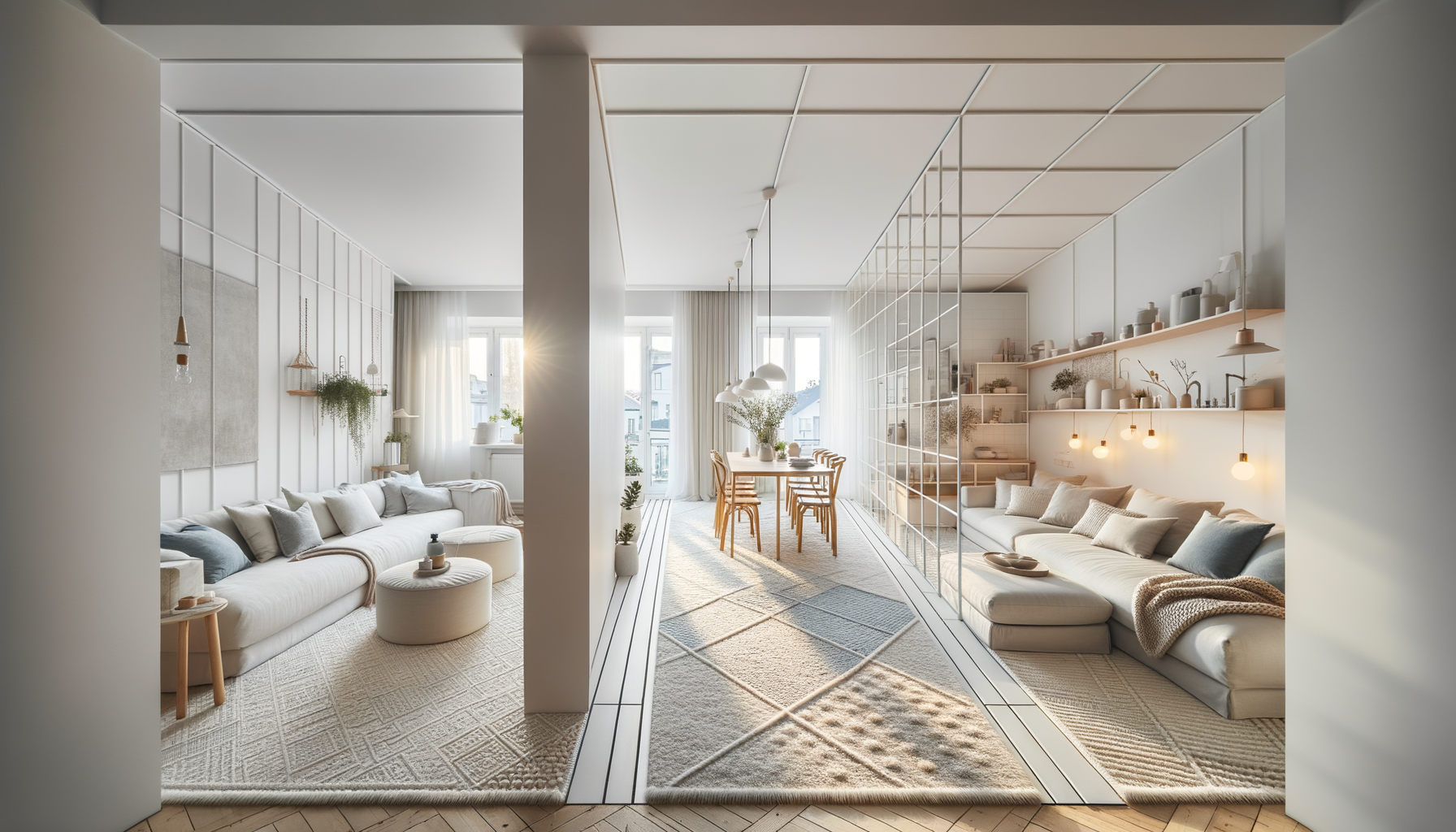 Mattplacering i öppen planlösning – mattor som rumsavdelare definierar vardagsrum och matplats